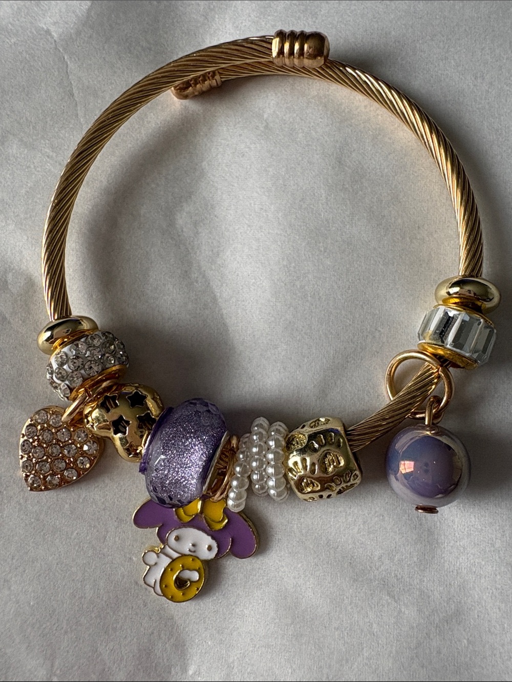 Gold-Tone Purple Charm Bangle Bracelet with Enamel Character Charm